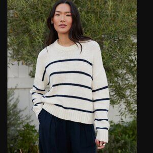 Jenni Kayne Chloe Striped Cotton Crewneck Sweater in Ivory/Navy Stripe | Size M
